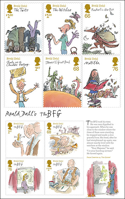 prettybooks:
The Royal Mail has produced Roald Dahl stamps! They are available from the 10th January and can be shipped worldwide. See more stamps here.
